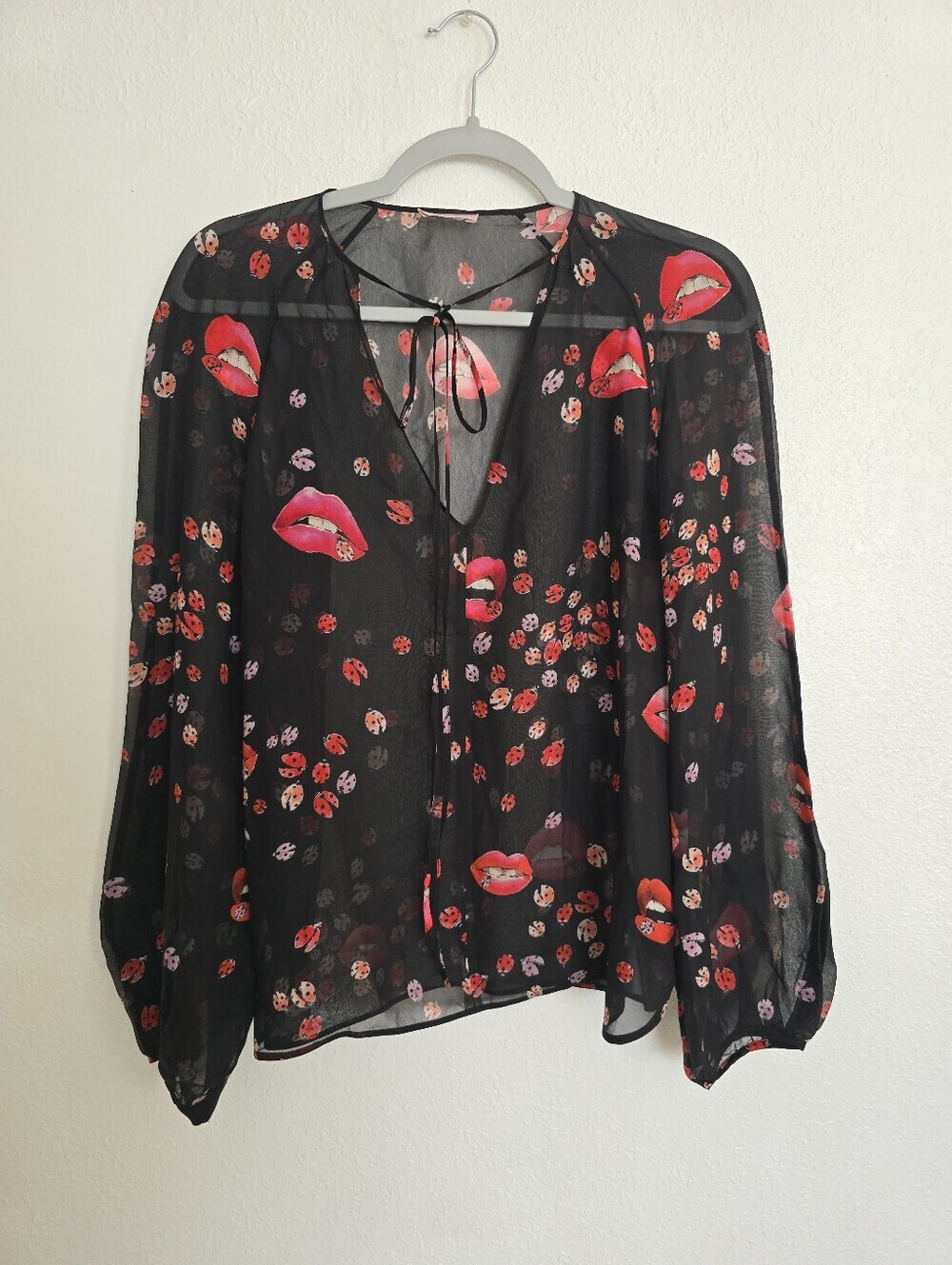 Giamba Paris Black Silk Sheer Long Sleeve Top Lady Bug And Lips Print Size XS